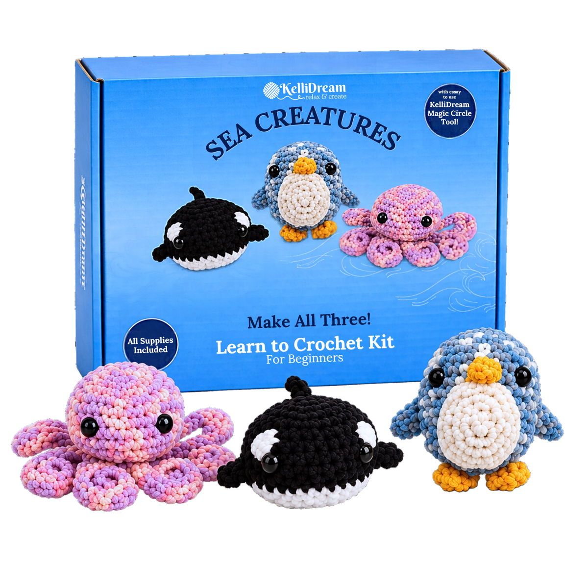 KelliDream Crochet Kit for Beginners – Octopus, Penguin & Whale Amigurumi (Sea Creatures) with Magic Circle Tool & Left/Right Handed Videos