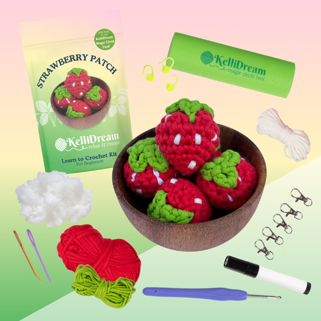 Learn to Crochet Kit Strawberry Patch (Includes Green Magic Circle Tool & Keychain Add Ons)