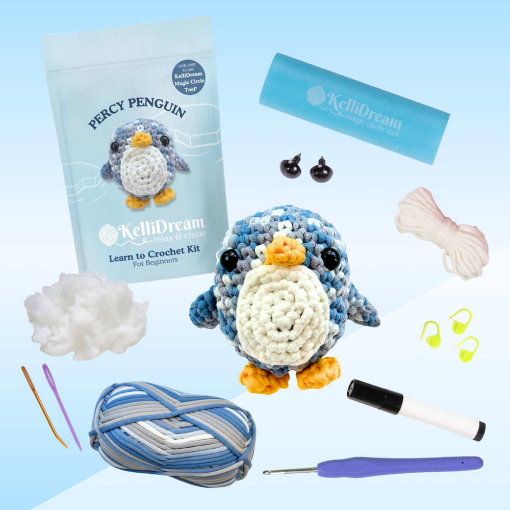 KelliDream Penguin Crochet Kit for Beginners – Amigurumi Kit with Magic Circle Tool & Left/Right Handed Video Tutorials