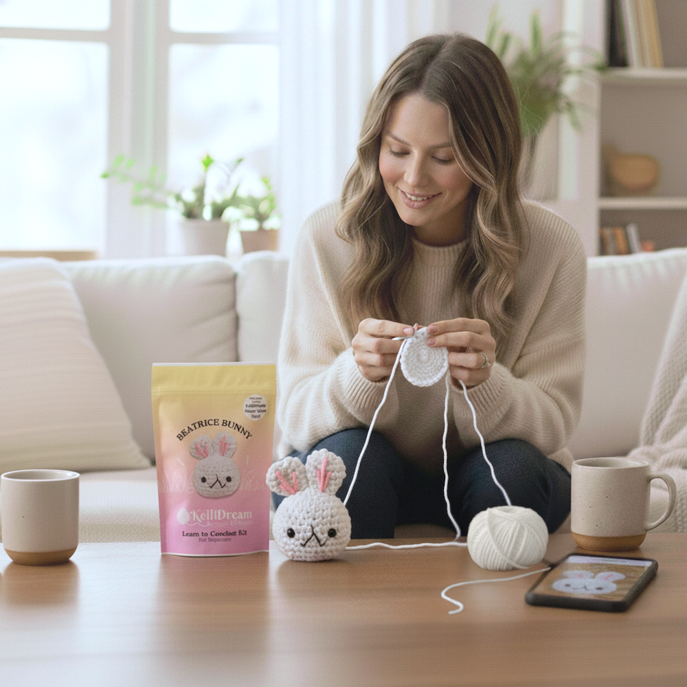 Woman knitting with yarn and a pink package on a coffee table in a bright living room.