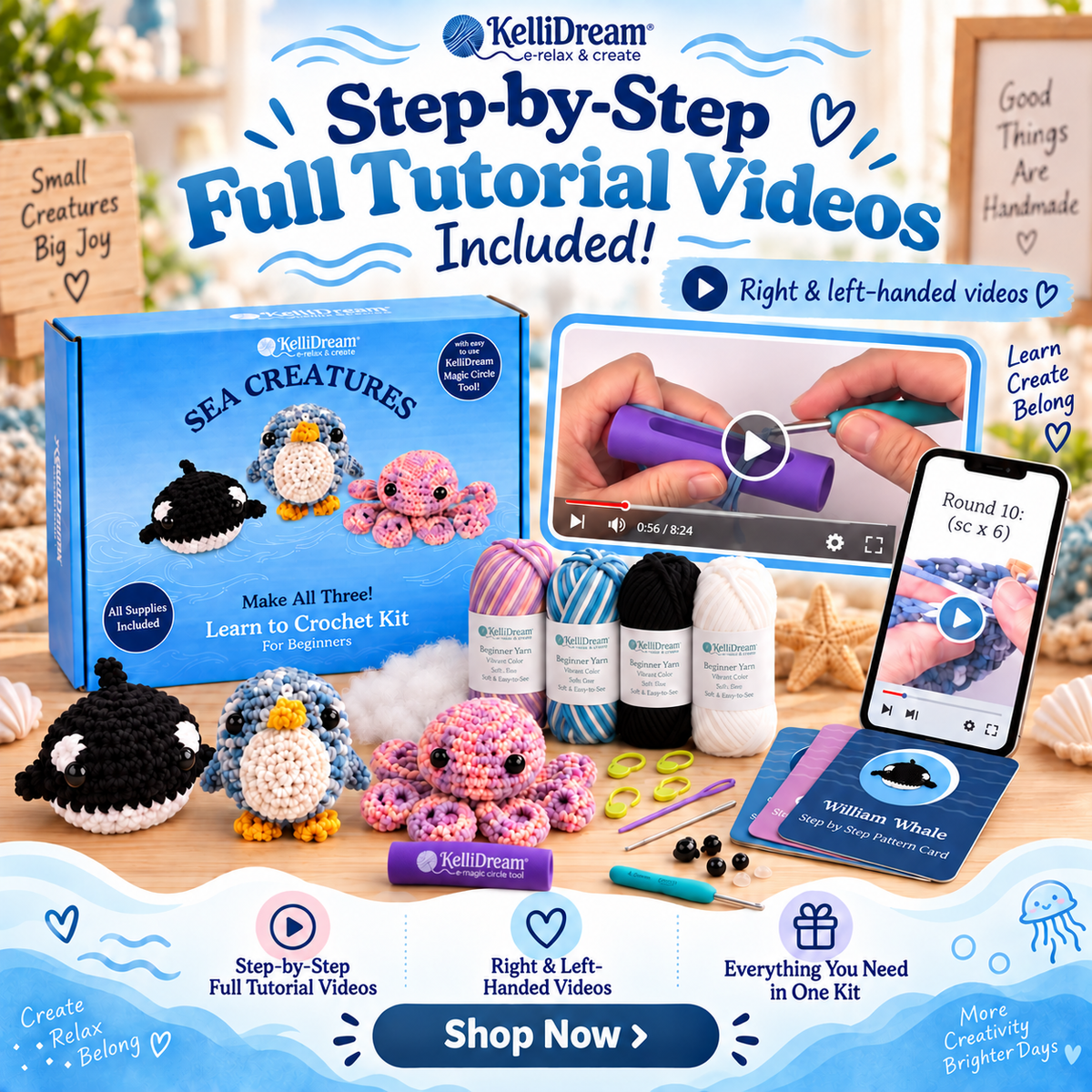 Learn to Crochet Sea Creature Kit Penguin Octopus & Whale (Purple Magic Circle Tool Included)