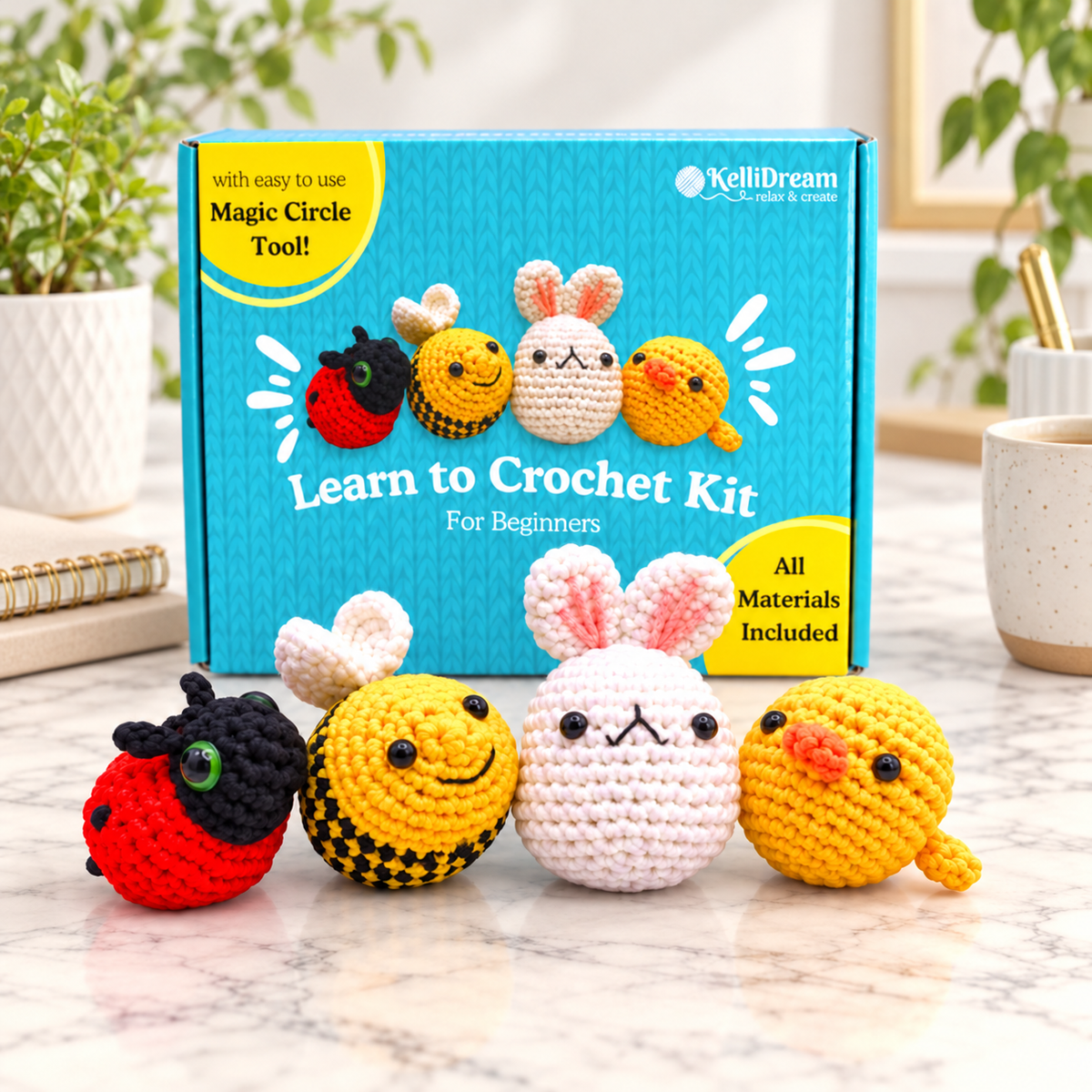 KelliDream Crochet Kit for Beginners – Chick, Bee, Ladybug & Bunny Amigurumi (Sunny Creatures) with Magic Circle Tool & Left/Right Handed Videos