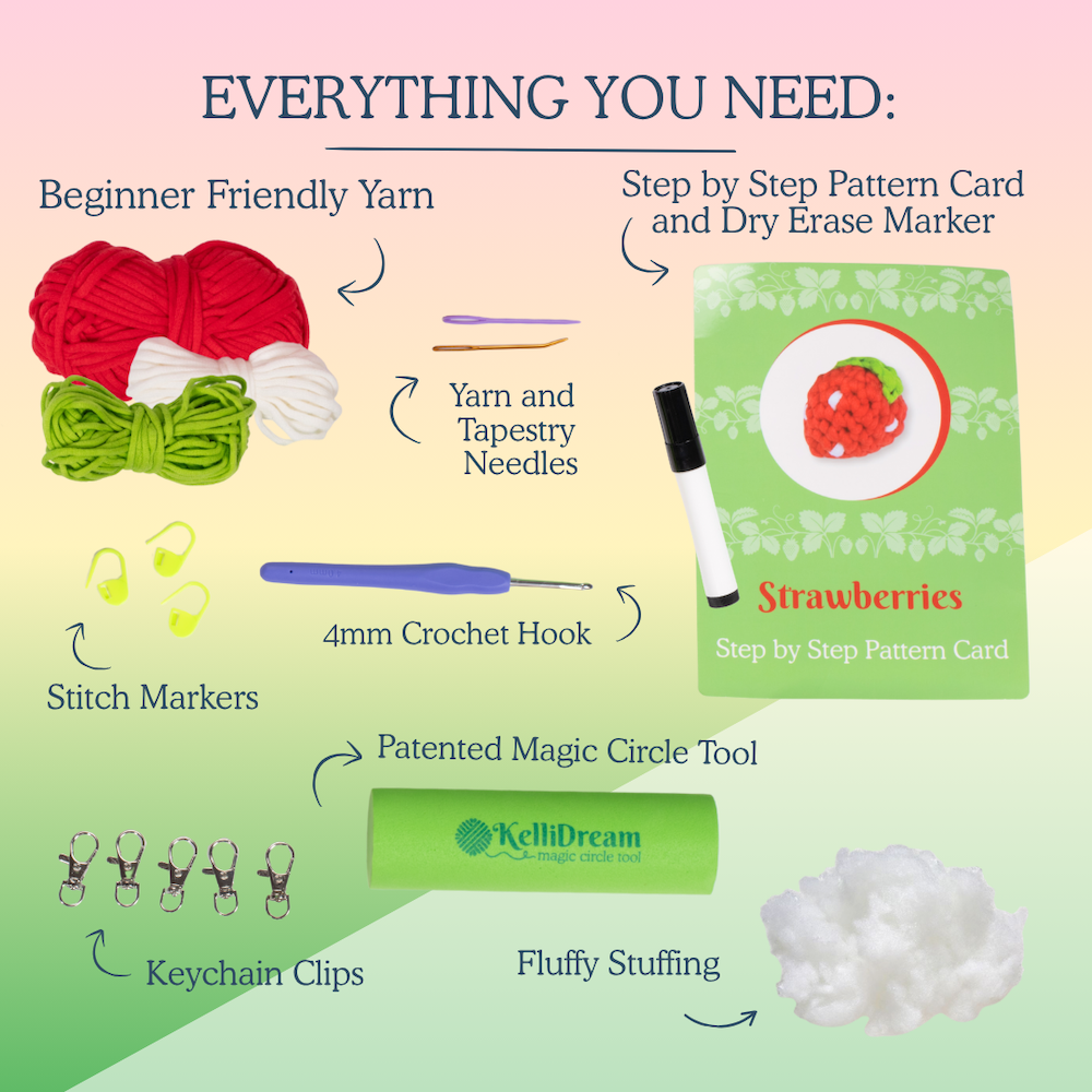Learn to Crochet Kit Strawberry Patch (Includes Green Magic Circle Tool & Keychain Add Ons)