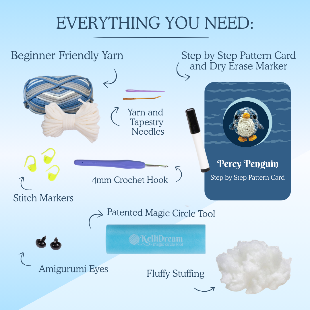 KelliDream Penguin Crochet Kit for Beginners – Amigurumi Kit with Magic Circle Tool & Left/Right Handed Video Tutorials