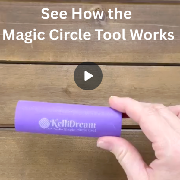 Purple KelliDream magic circle tool held by a hand on a wooden surface with text about the tool.