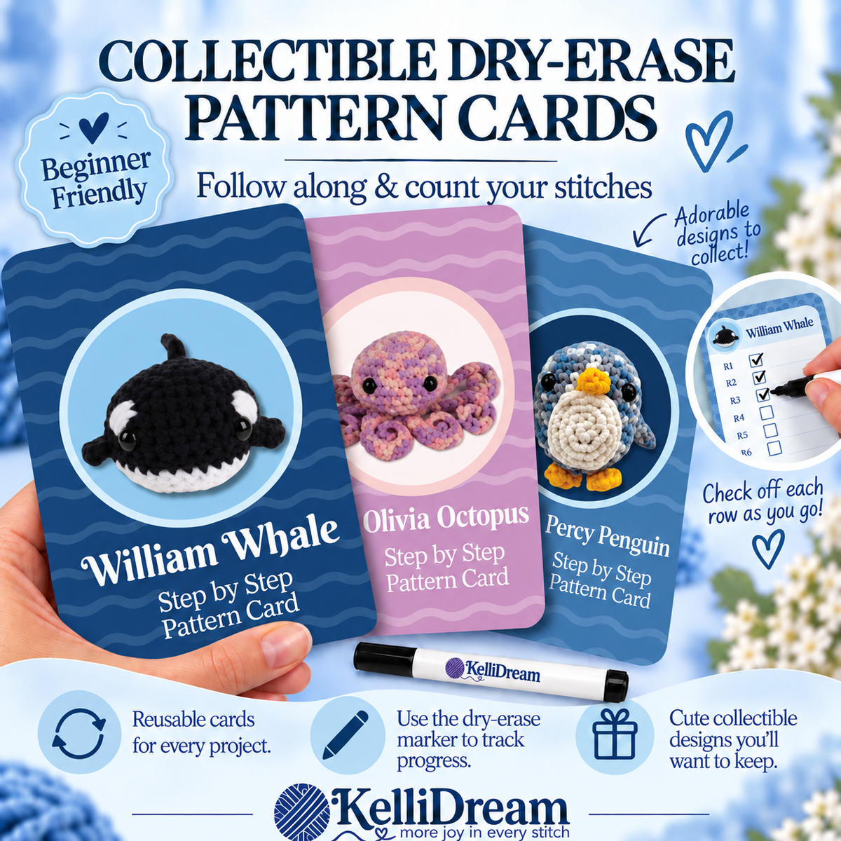 Learn to Crochet Sea Creature Kit Penguin Octopus & Whale (Purple Magic Circle Tool Included)