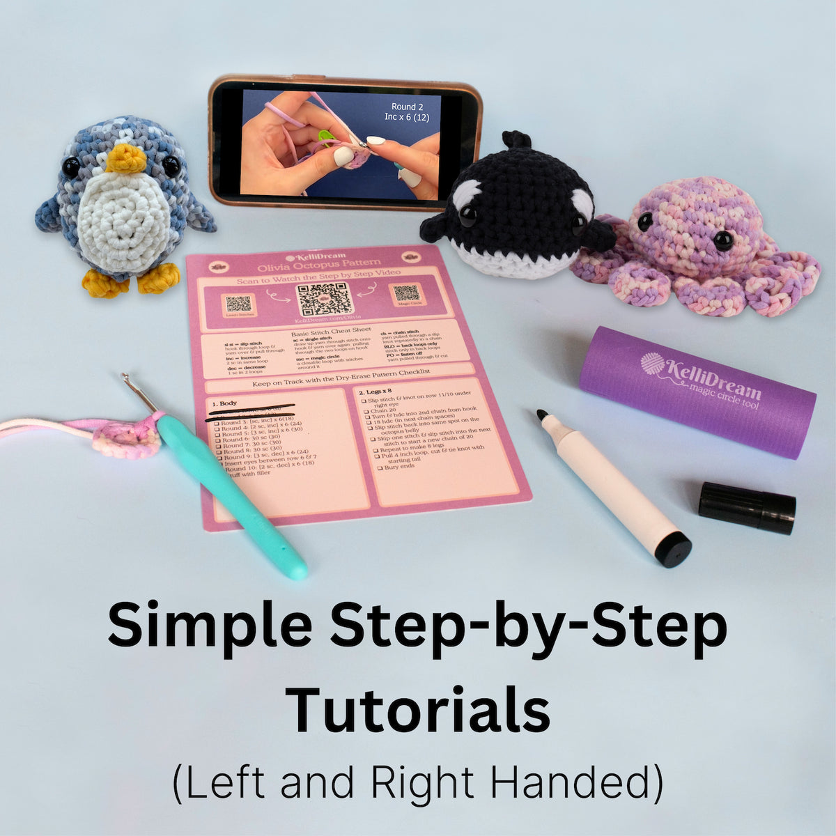 Learn to Crochet Sea Creature Kit Penguin Octopus &amp; Whale (Purple Magic Circle Tool Included)