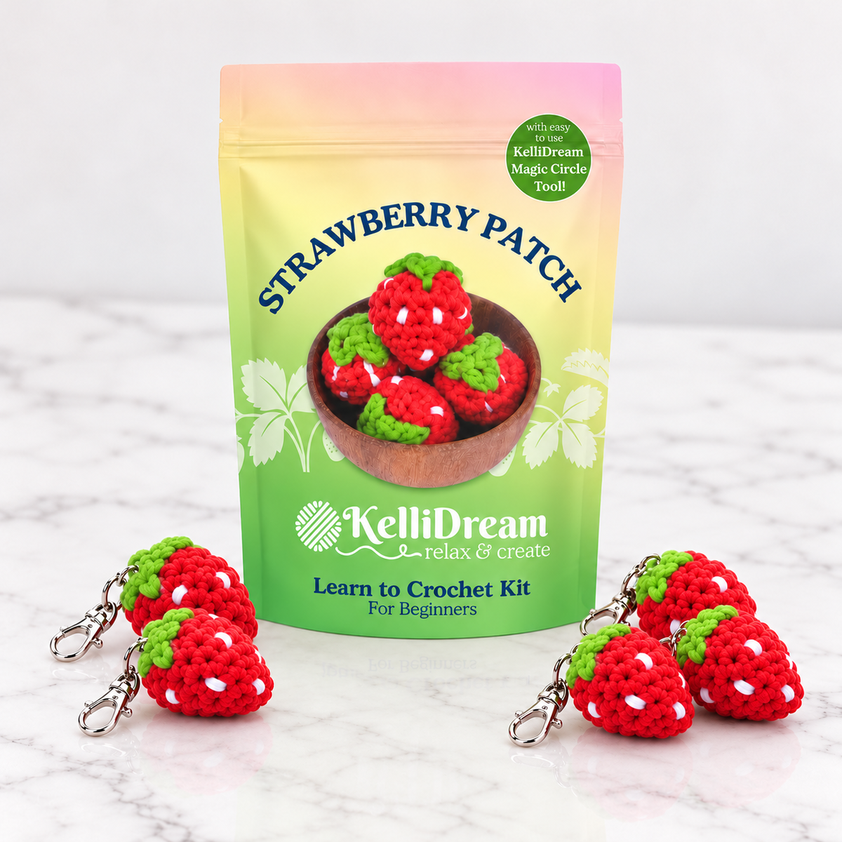 Learn to Crochet Kit Strawberry Patch (Includes Green Magic Circle Tool & Keychain Add Ons)