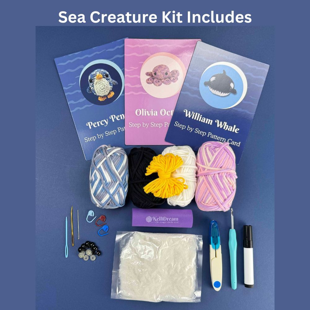 Learn to Crochet Sea Creature Kit Penguin Octopus &amp; Whale (Purple Magic Circle Tool Included)