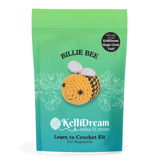  KelliDream learn to crochet kit bag with adorable crochet bee. Includes Magic Circle Tool & all crochet supplies needed