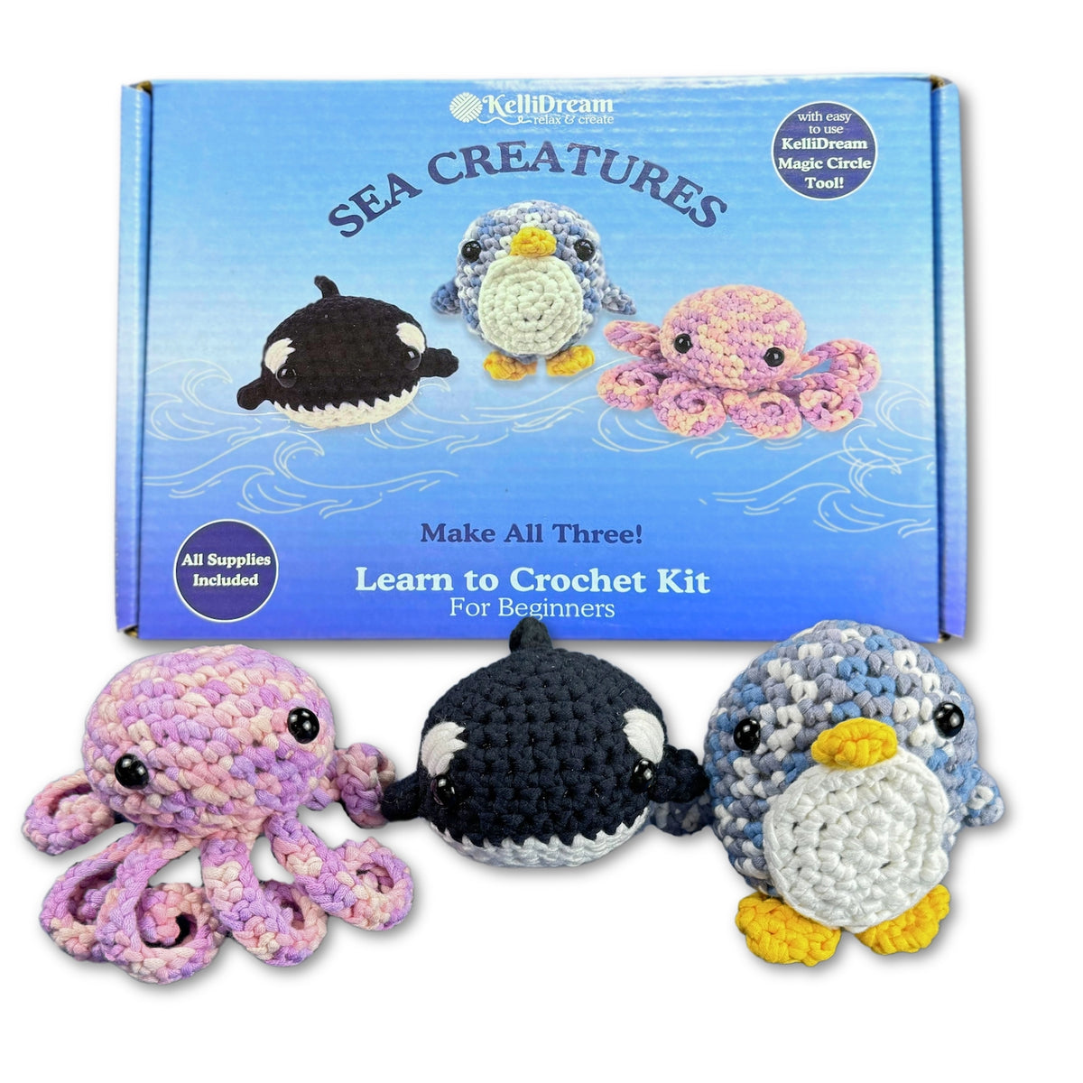 Learn to Crochet Sea Creature Kit Penguin Octopus &amp; Whale (Purple Magic Circle Tool Included)