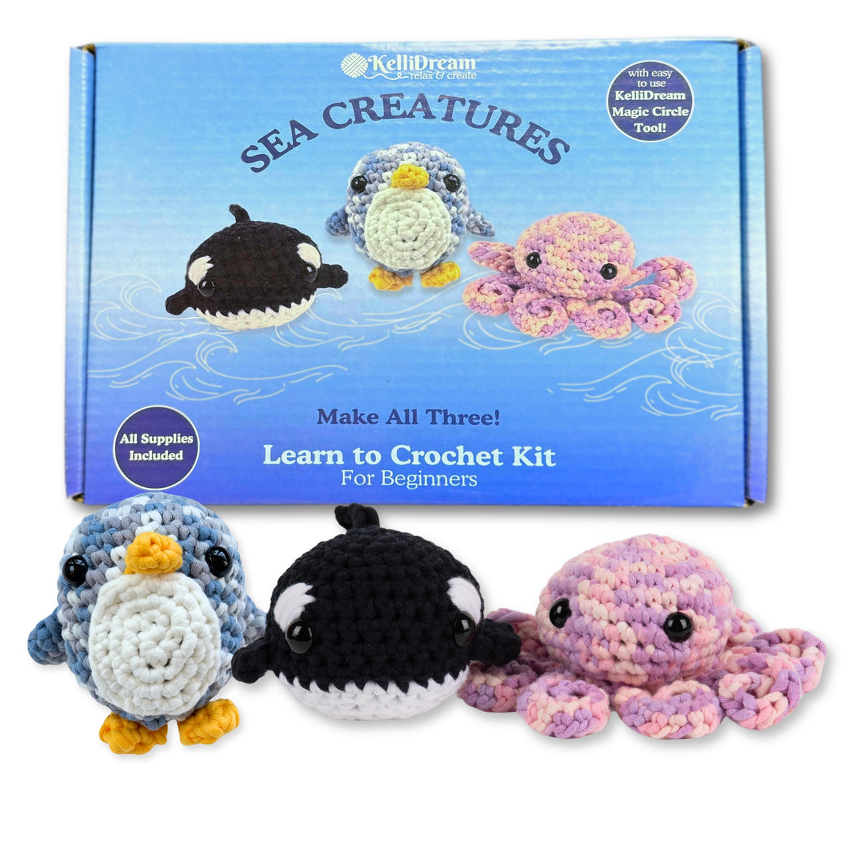 Learn to Crochet Sea Creature Kit Penguin Octopus &amp; Whale (Purple Magic Circle Tool Included)